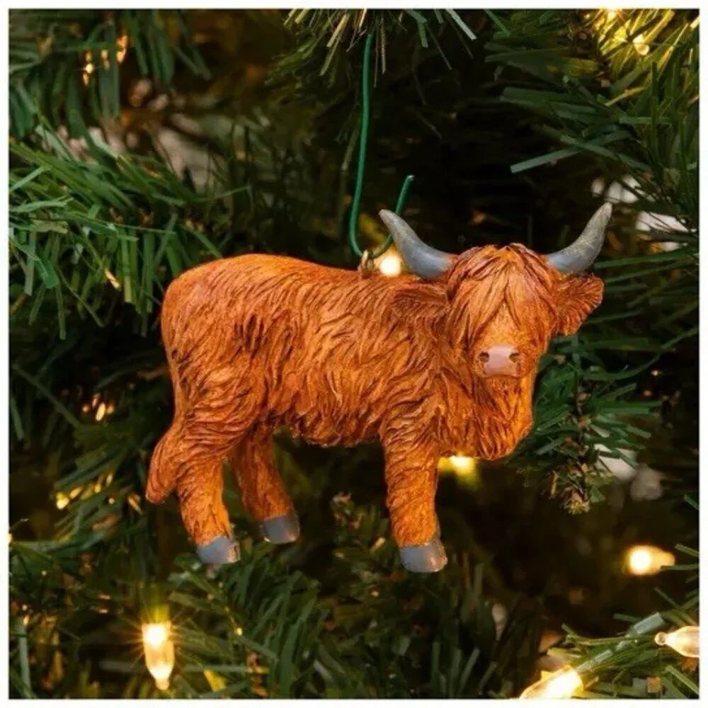 Highland Cow Merry Christmas 4pc Bundle (Stocking, Flag, 2 Tree Ornaments) New